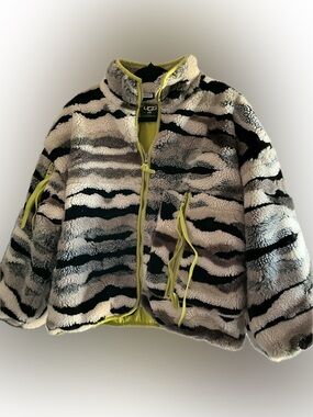 UGG Black & White Zebra Sherpa Jacket with Lime Trim